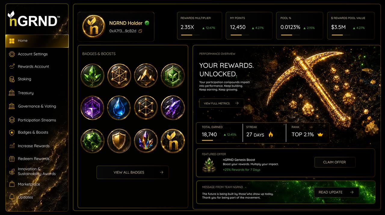 Supplied rewards dashboard preview showing sample staking, streams, points and badges