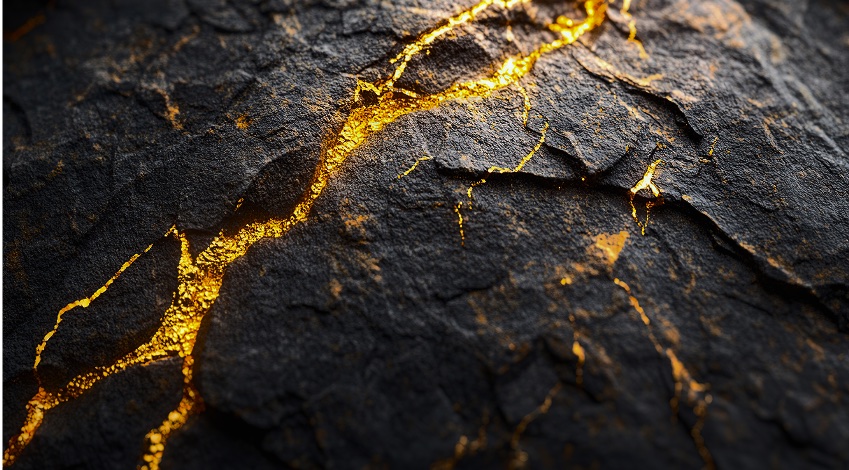 Dark rock strata with bright gold veins, representing preserved in-ground gold